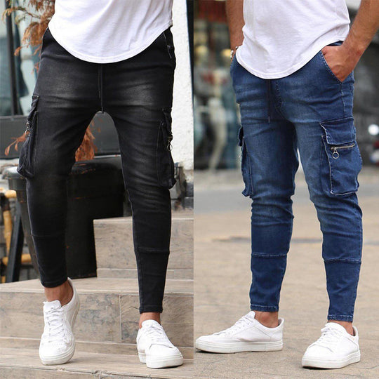 Herren Cargo-Jeans im modernen Slim-Fit Stil mit praktischen Seitentaschen und dekorativen Reißverschlüssen R&B
