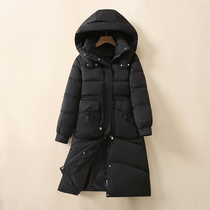 Damen Lange, warme Pufferjacke mit praktischen Taschen und Kapuze R&B