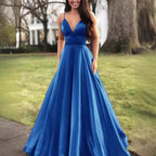 Damen A-Linien Abendkleid mit tiefem Ausschnitt und schmalen Trägern R&B