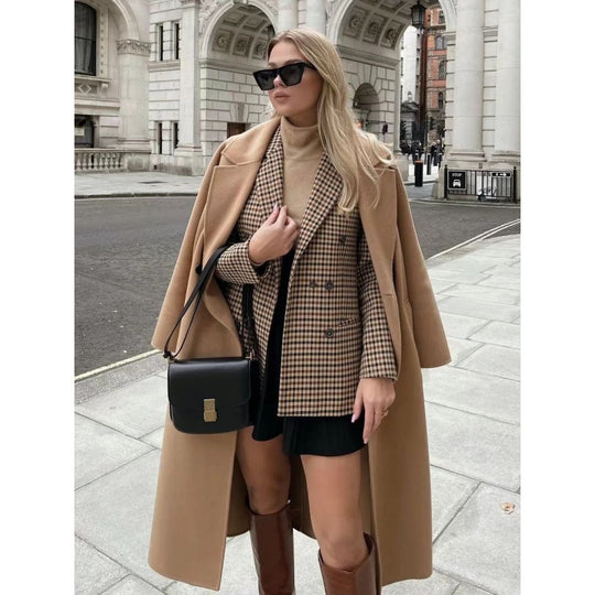 Damen kariertes Blazerjacke mit doppelter Knopfreihe und idealem Schnitt R&B