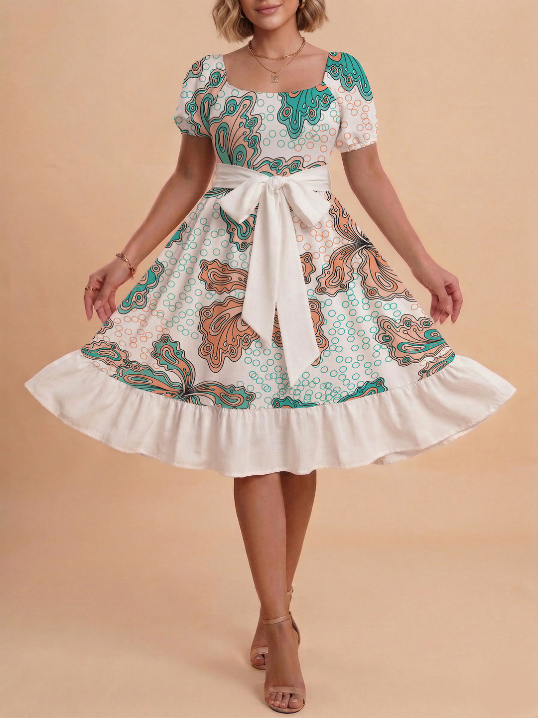 Damen modernes Blumenkleid mit elegantem Taillengürtel und asymmetrischem Saum R&B
