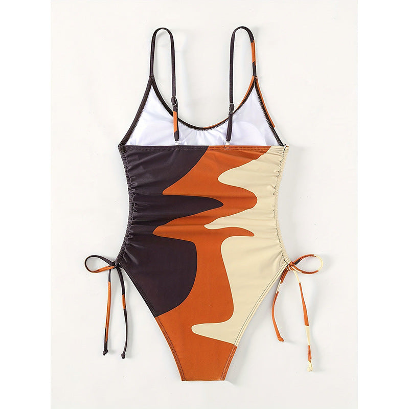 Damen Einteiler Badeanzug mit asymmetrischem Muster und verstellbarem Bindeband R&B
