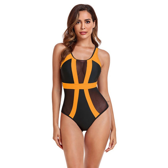 Damen Einteiliger Badeanzug mit modischen Mesh-Einsätzen und sportlichem Design R&B
