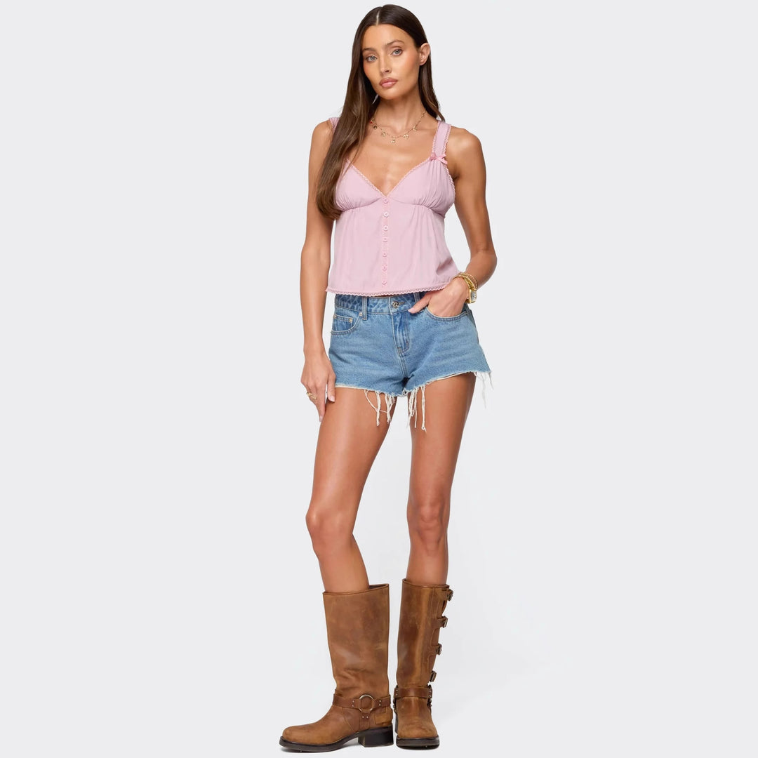 Damen Crop-Top aus feiner Baumwolle mit dekorativen Knopfdetails R&B
