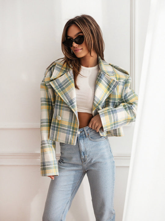 Damen Karierte Cropped Jacke R&B