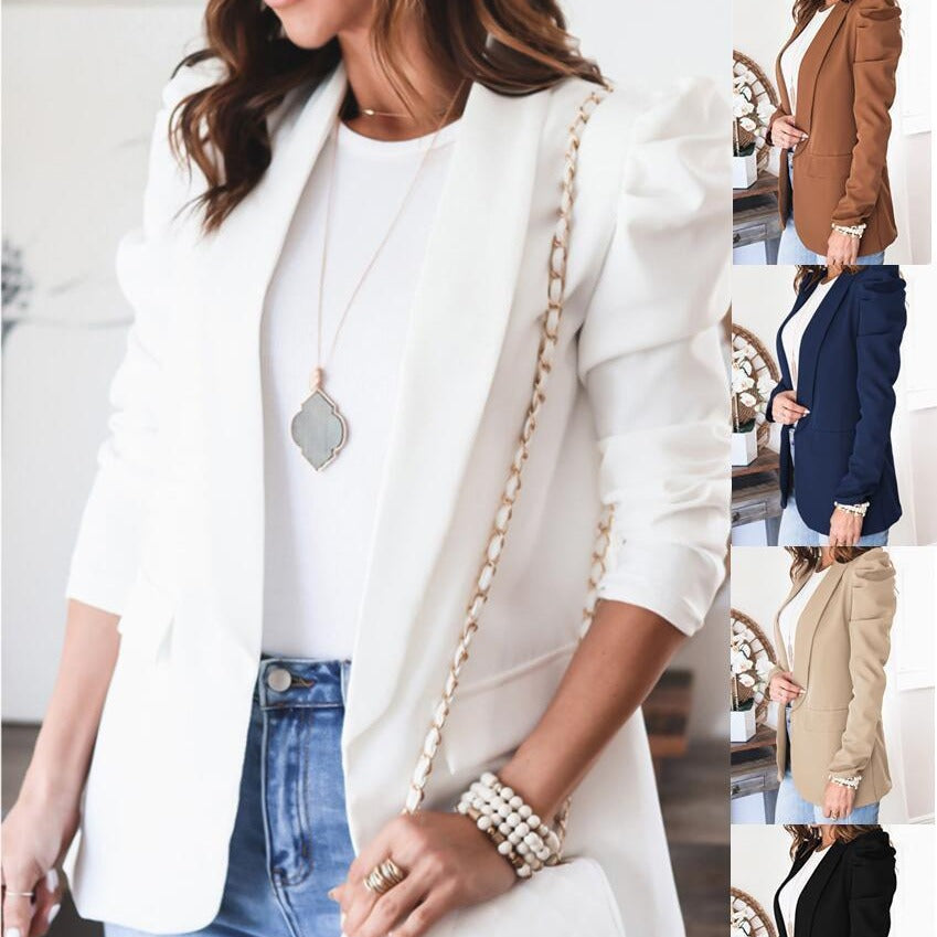 Damen eleganter Blazer mit Puffärmeln und praktischen Taschen R&B