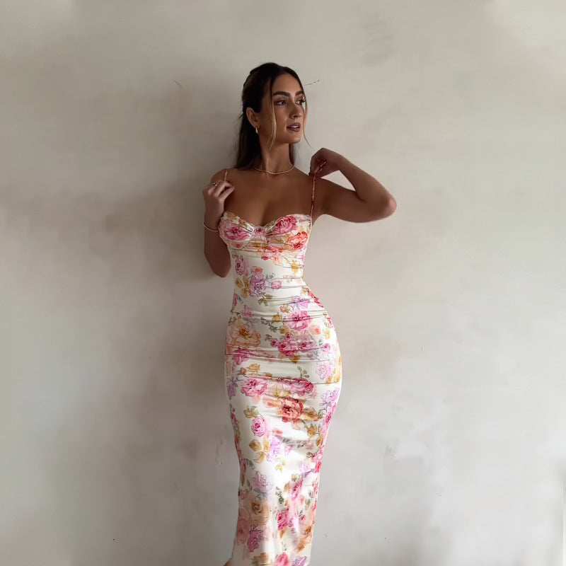 Damen figurbetontes Maxikleid mit floralem Design und elegantem V-Ausschnitt R&B