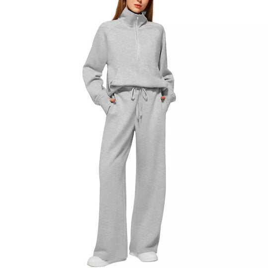 Damen Freizeit Sweatpants-Anzug mit hohem Kragen und Kängurutasche R&B