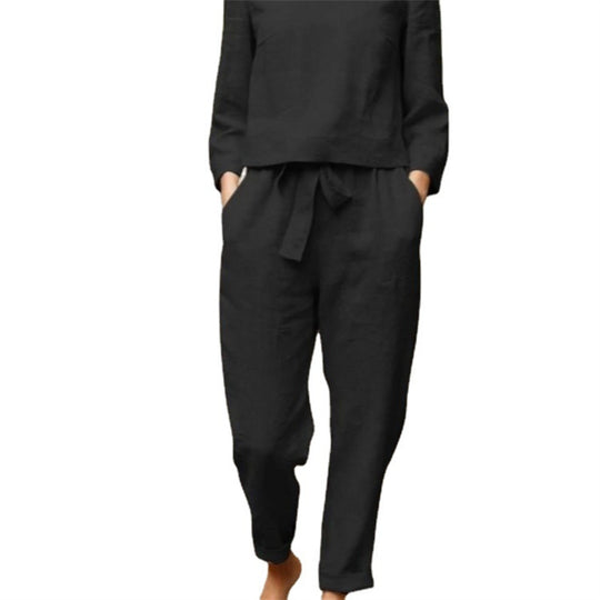 Damen Lässiges Zweiteiliges Leinen-Outfit mit breitem Bund R&B