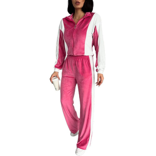 Damen sportlicher Velours Jogginganzug mit Reißverschluss und seitlichen Streifen R&B