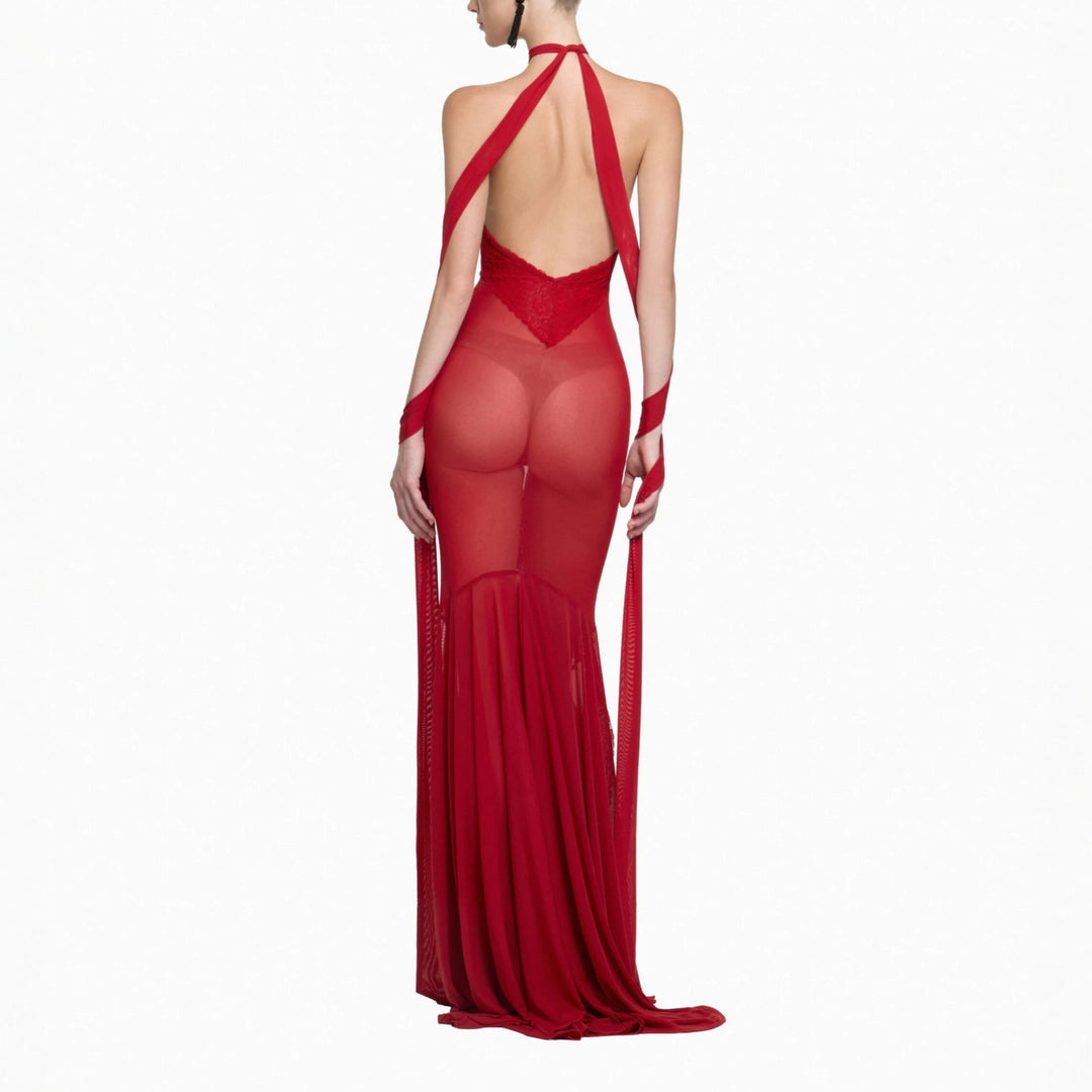 Damen Glamouröses Langarmkleid mit transparenten Einsätzen und raffinierten Drapierungen R&B