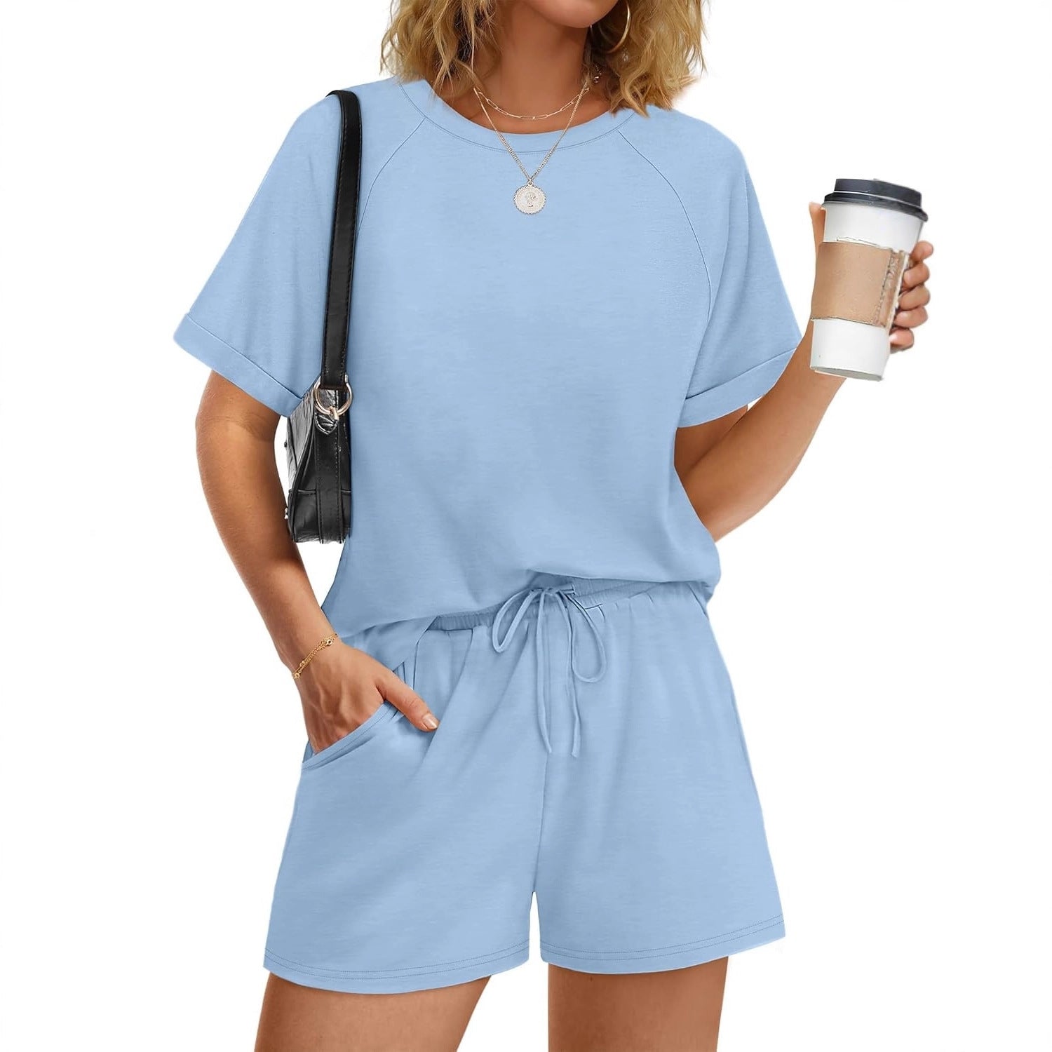 Damen lässiger Kombi aus T-Shirt und Shorts mit elastischem Bund R&B