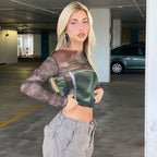 Damen Langarm Crop-Top mit transparenten Akzenten und grafischem Design R&B