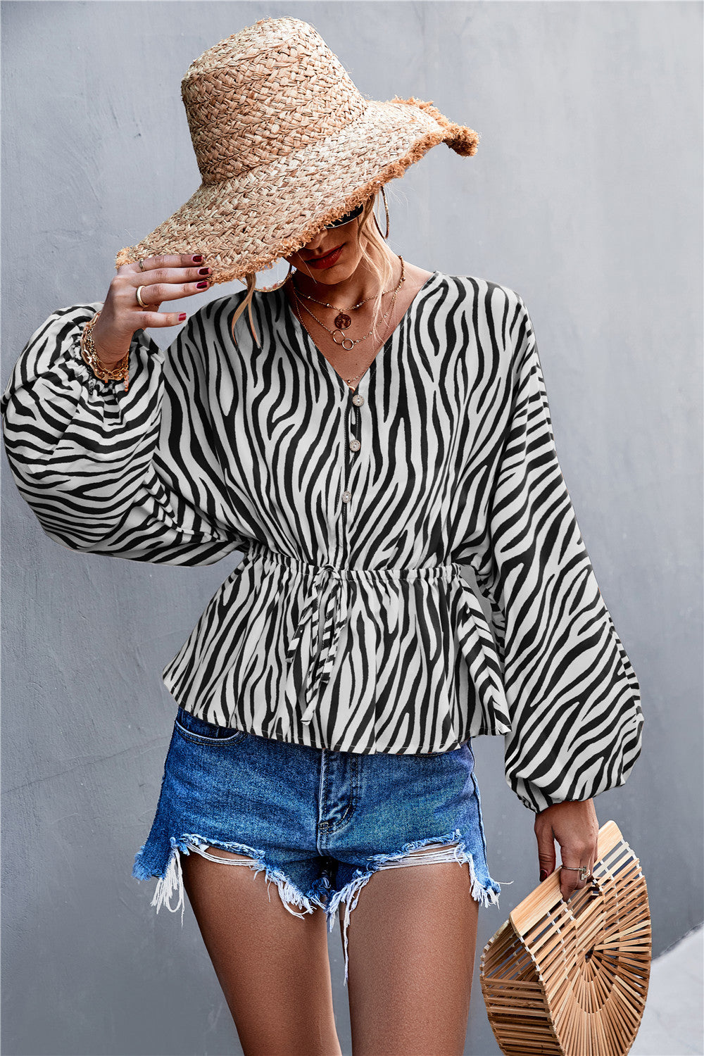 Damen Oversize Bluse mit ZR&Bra-Print und taillierter Raffung R&B