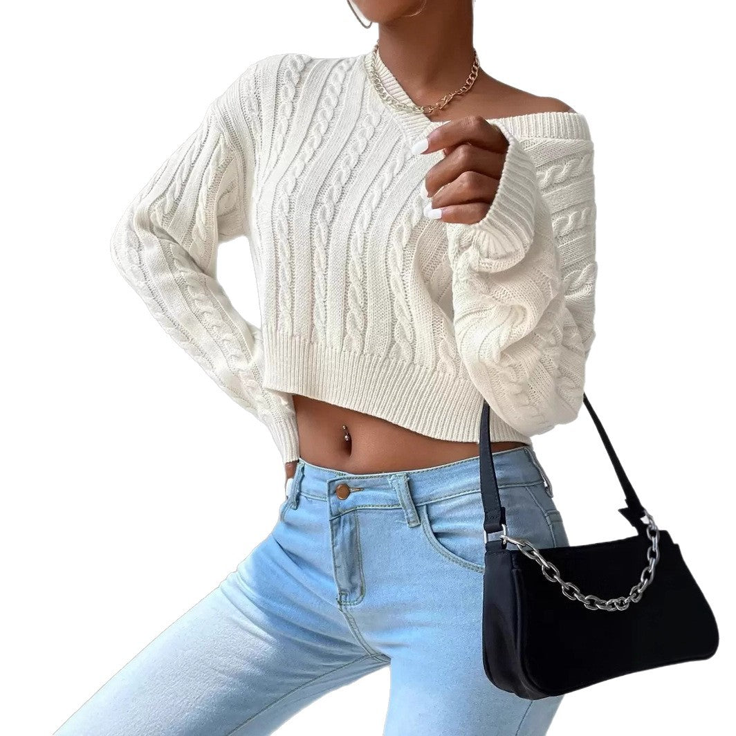 Damen Grobstrickpullover mit V-Ausschnitt und voluminösen Ärmeln R&B