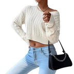 Damen Grobstrickpullover mit V-Ausschnitt und voluminösen Ärmeln R&B