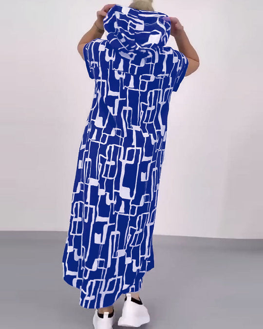 Damen nan urbanes Kapuzen‑Kaftankleid in lockerem Fall mit kurzärmeligem Schnitt und abstraktem Grafikmuster R&B