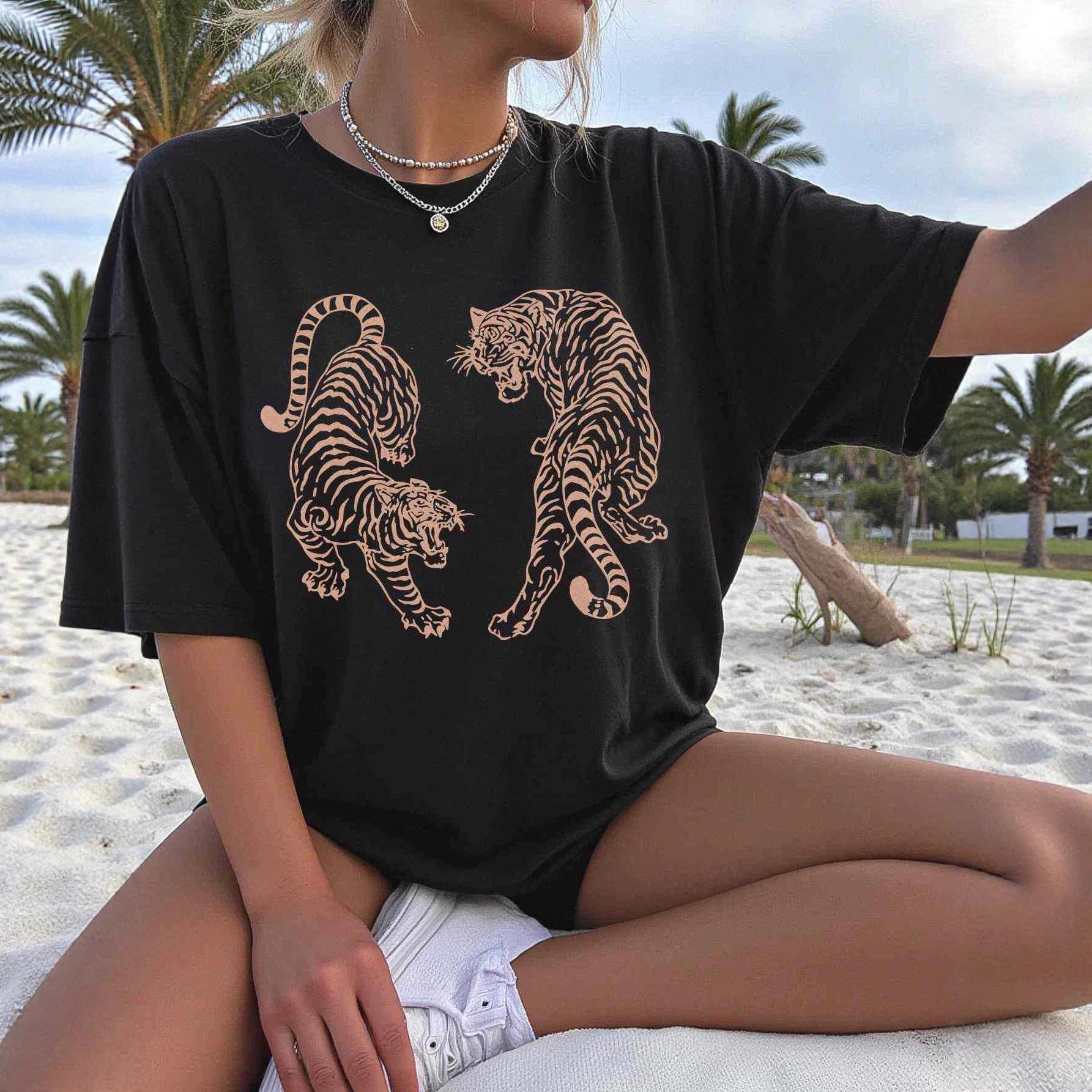 Damen T-Shirt mit einzigartigem Tiger-Design und lockerer Passform R&B