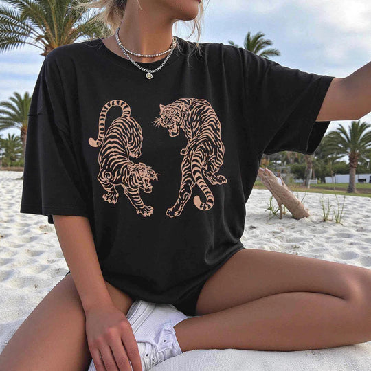 Damen T-Shirt mit einzigartigem Tiger-Design und lockerer Passform R&B