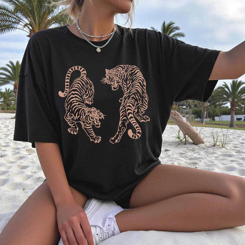Damen T-Shirt mit einzigartigem Tiger-Design und lockerer Passform R&B