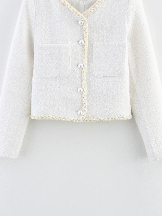 Damen elegante Kurzarmpulloverjacke mit perlverzierten Knöpfen und aufgesetzten Taschen R&B