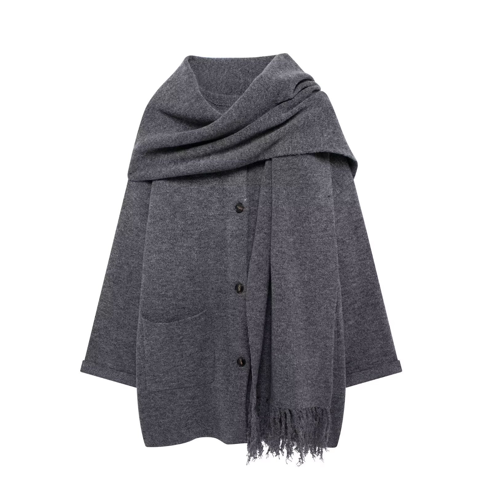 Damen stylische Strickjacke mit Schal und Knopfdetails