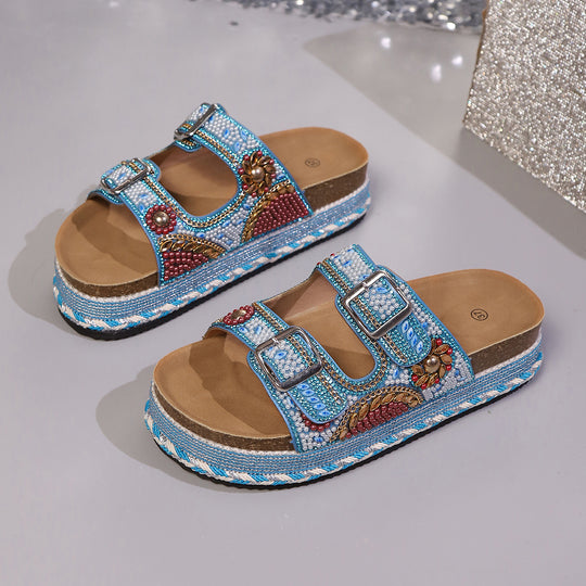 Damen Bequeme und modische Platform-Sandalen mit verstellbaren Riemen und bunten Applikationen R&B