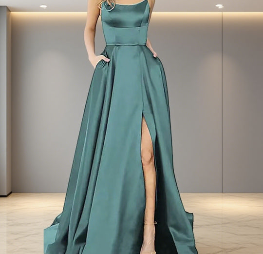 Damen Elegantes Abendkleid mit seitlichem Schlitz und schmalen Spaghetti-Trägern R&B
