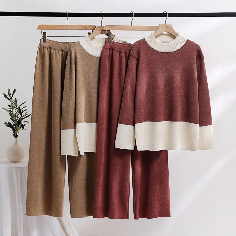 Damen elegantes Strick-Loungewear-Set mit weitem Bund und dekorativem Kragen R&B
