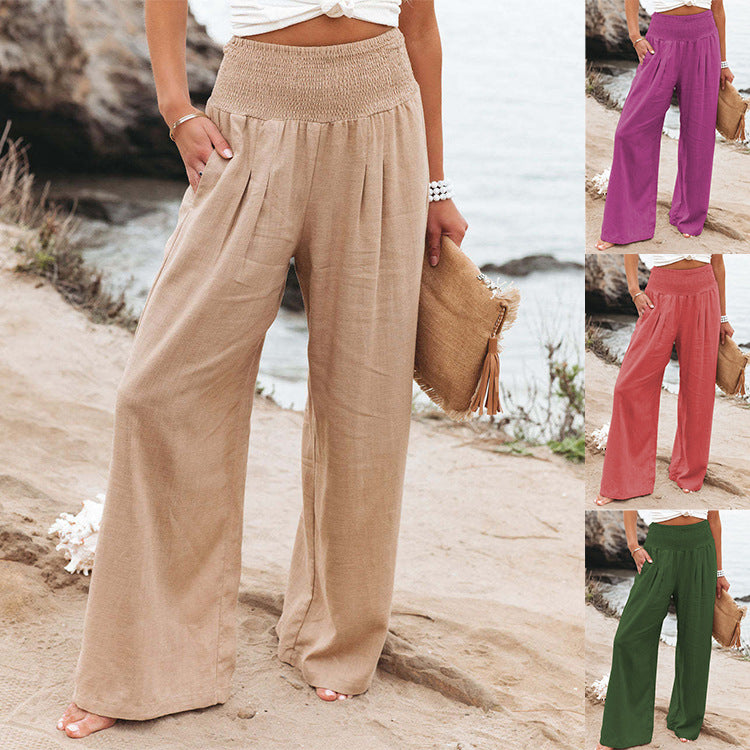Damen Weite Leinenhose mit elastischem Bund und plissierten Details R&B
