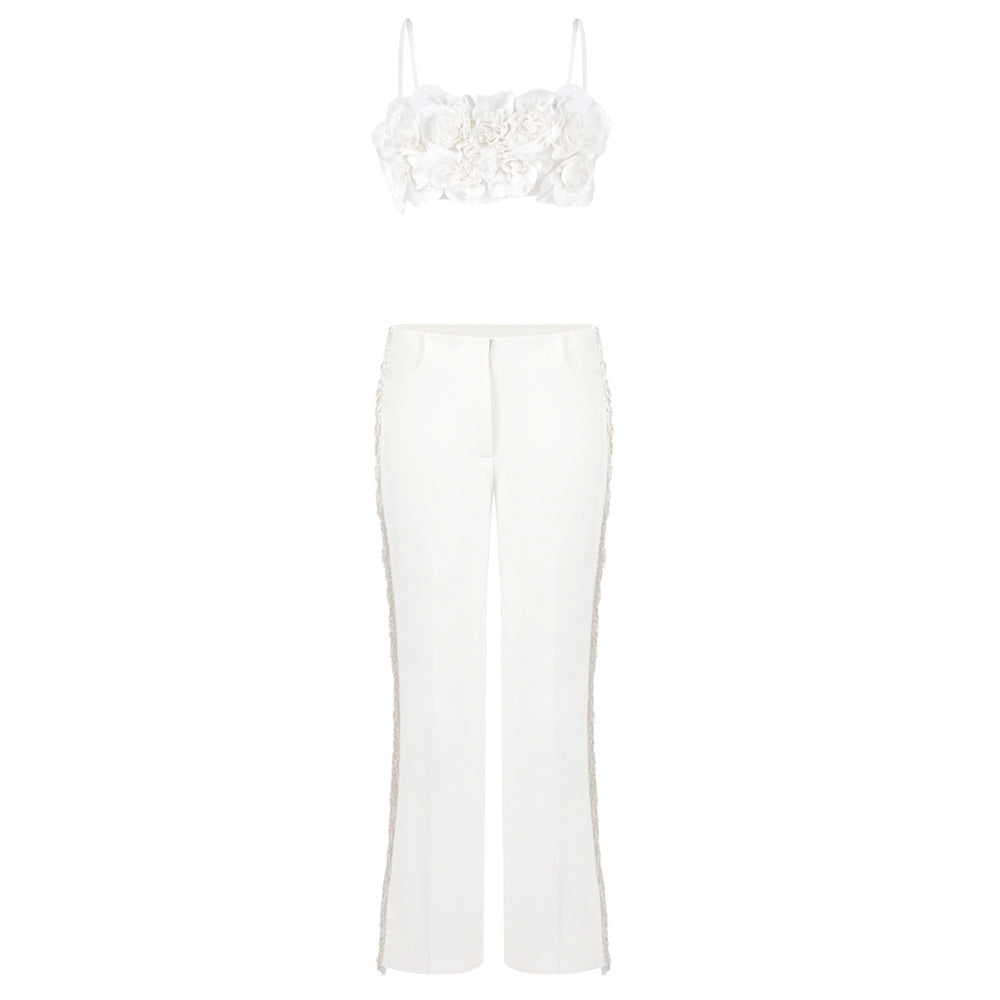 Damen elegantes Oberteil mit floralen Applikationen und schmalem Hosenanzug R&B