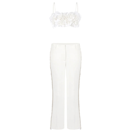 Damen elegantes Oberteil mit floralen Applikationen und schmalem Hosenanzug R&B