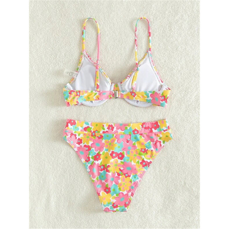 Damen Hochgeschnittener Bikini mit floralem Muster und schmalen Trägern R&B