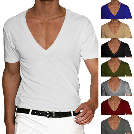 Herren nan tief ausgeschnittenes V-Ausschnitt Kurzarmshirt aus Baumwollstretch mit tailliertem Schnitt R&B