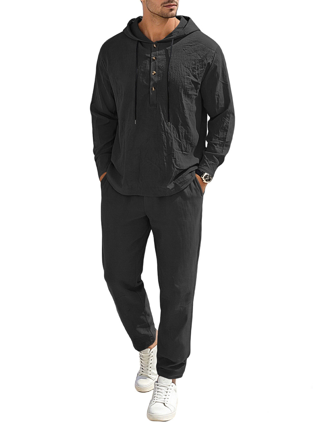 Herren nan entspannter Kapuzen-Henley Freizeitanzug aus leichter Baumwollmischung in Leinenoptik mit Kordelzug und elastischer Bundhose R&B