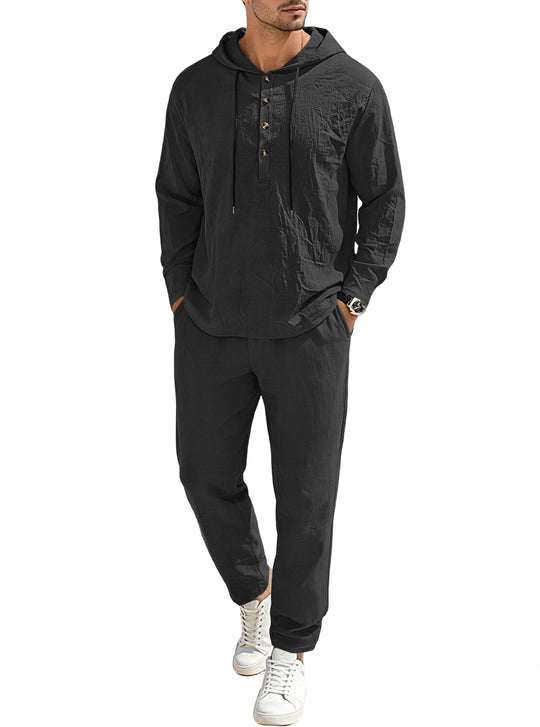 Herren nan entspannter Kapuzen-Henley Freizeitanzug aus leichter Baumwollmischung in Leinenoptik mit Kordelzug und elastischer Bundhose R&B