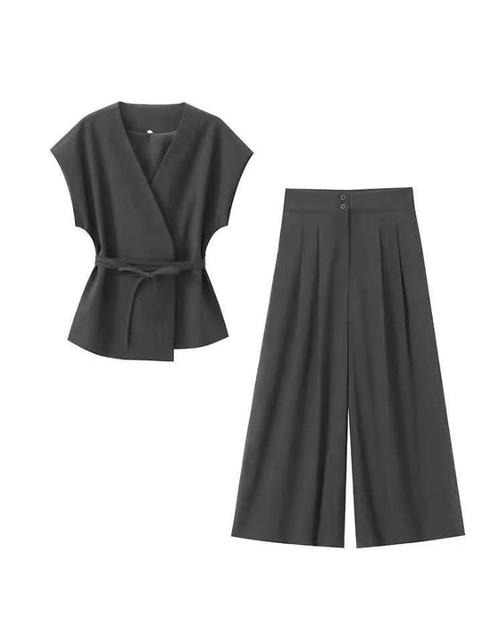 Damen elegantes Wickeloberteil und weite Palazzo-Hose Set R&B