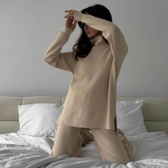 Damen elegantes und lässiges Strickset mit hochgeschlossenem Kragen R&B