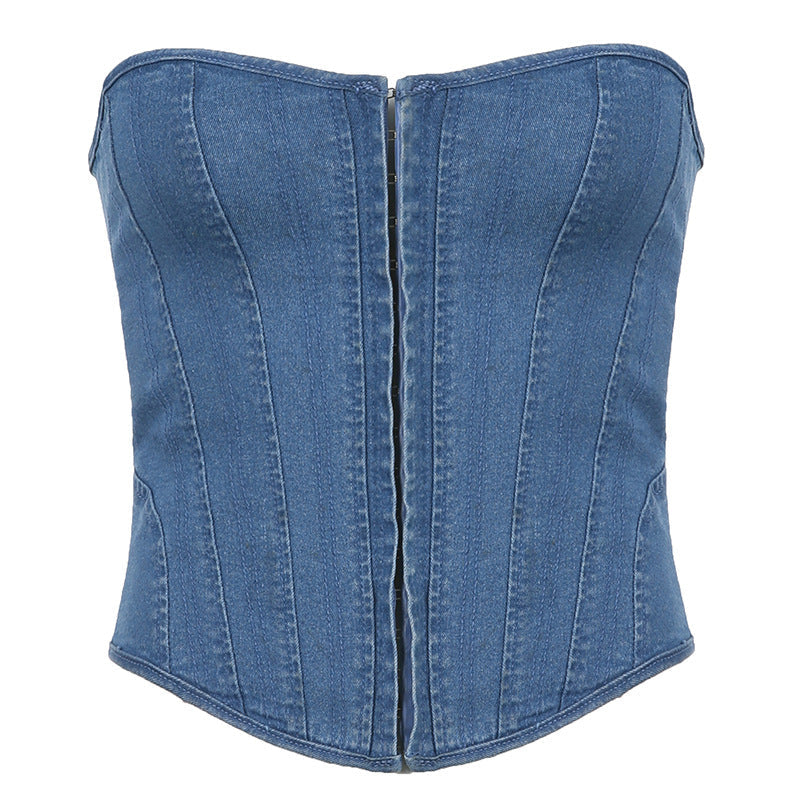 R&B | Schlankes Denim-Röhrentop mit Wellenkragen und Fischgrät