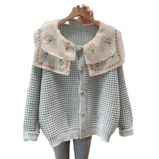 Damen gestickterCardigan mit weit geschnittenem Kragen R&B
