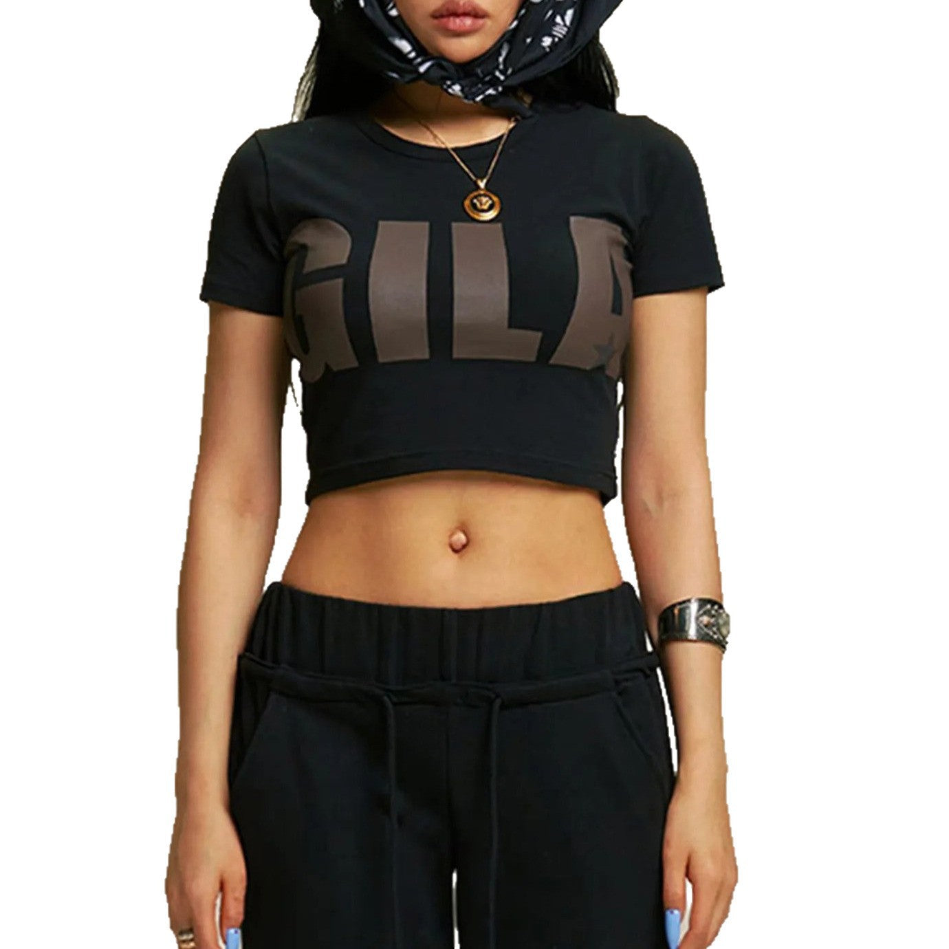 Damen Cropped T-Shirt mit auffälligem Grafikdruck R&B