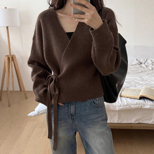 Damen Wickelstrickjacke mit weichem Material und lässigem Schnitt R&B