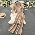 Damen elegantes Strick-Loungewear-Set mit dekorativen Knöpfen und weitem Bein R&B
