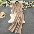 Damen elegantes Strick-Loungewear-Set mit dekorativen Knöpfen und weitem Bein R&B