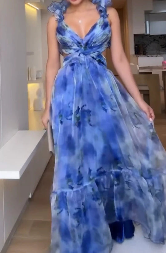 Damen Maxi-Kleid mit floralen Rüschen und schwingendem Design R&B
