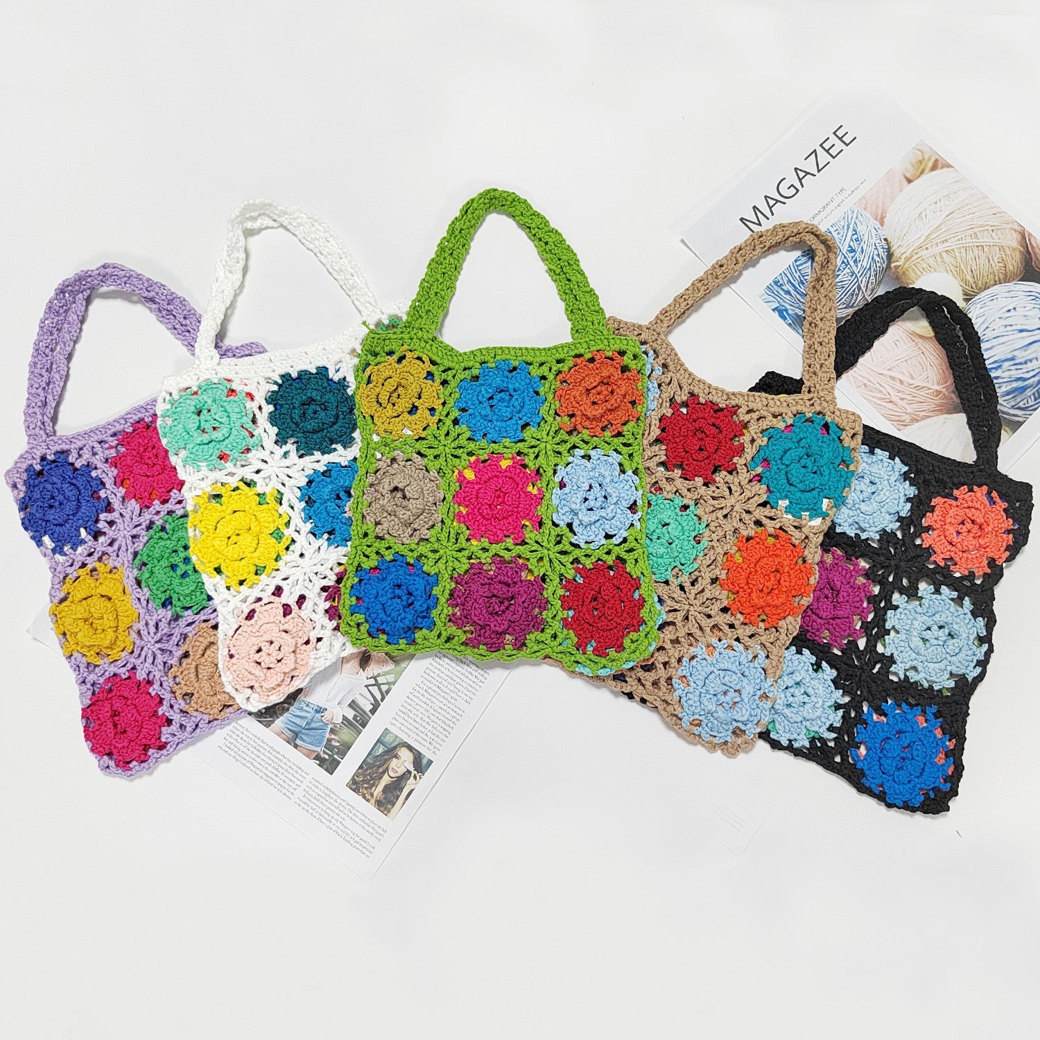 Damen gehäkelte Handtasche mit buntem Blumenmuster R&B