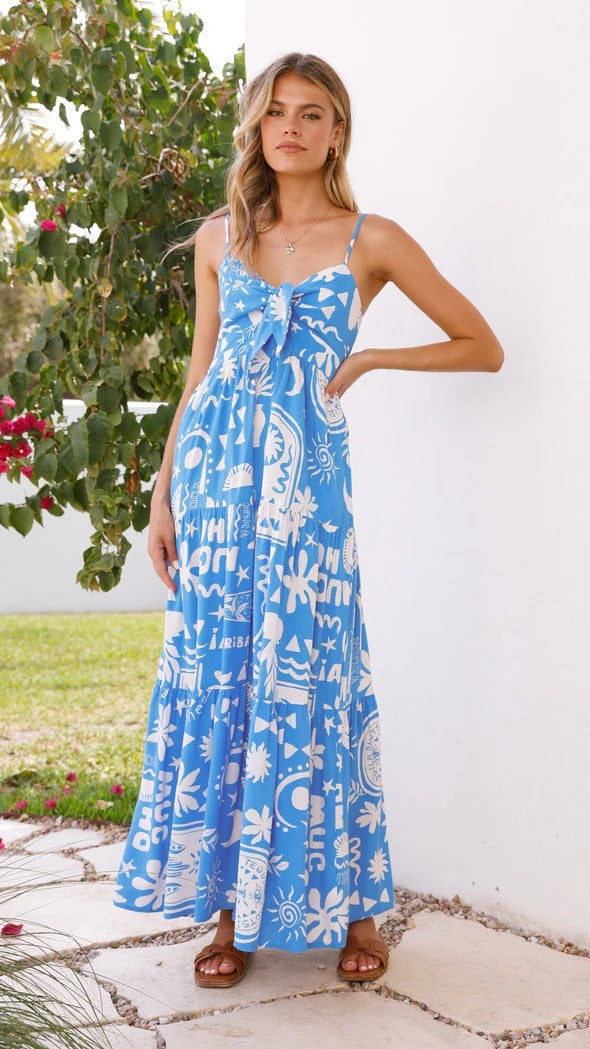 Damen Maxikleid mit verspieltem Muster und schmalen Trägern R&B