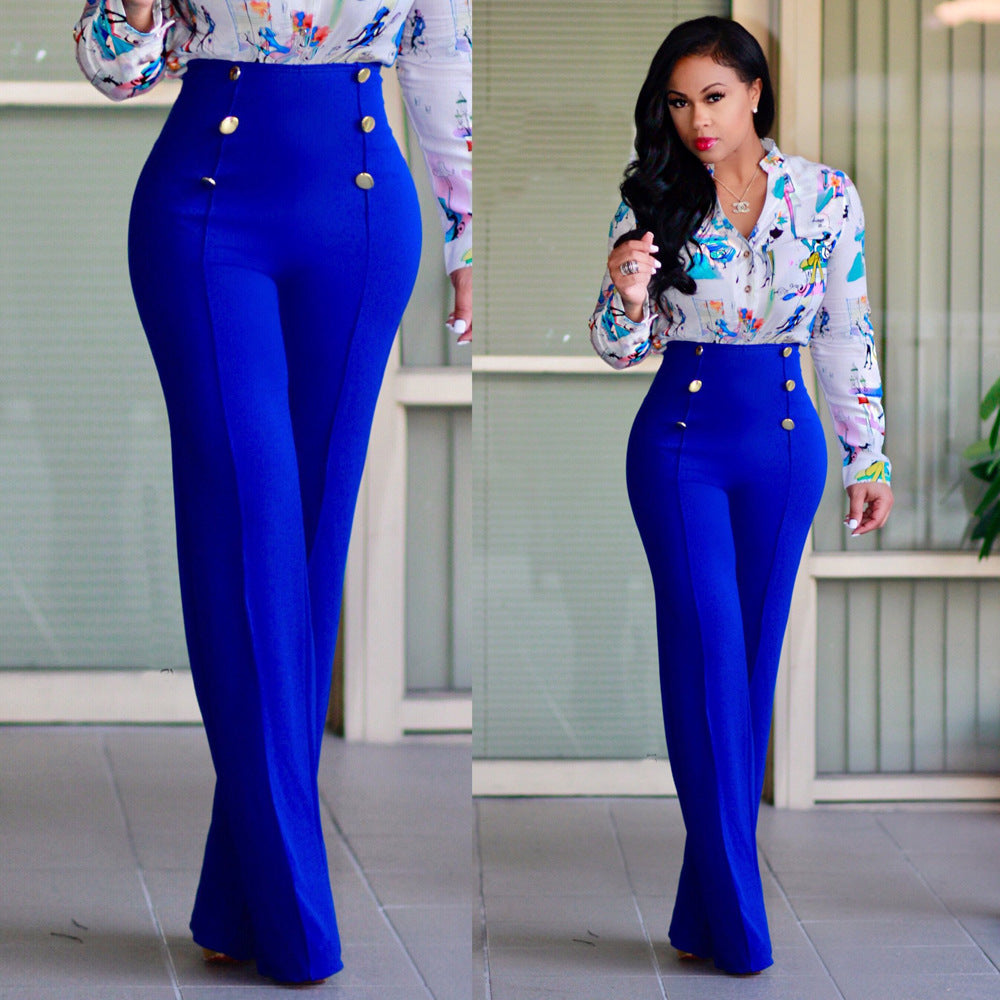 Damen hochtaillierte Palazzo-Hose mit dekorativen Knopfdetails R&B