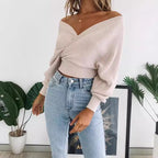 Damen nan gestrickter Off-Shoulder Cropped-Pullover mit Wickeloptik und Ballonärmeln R&B