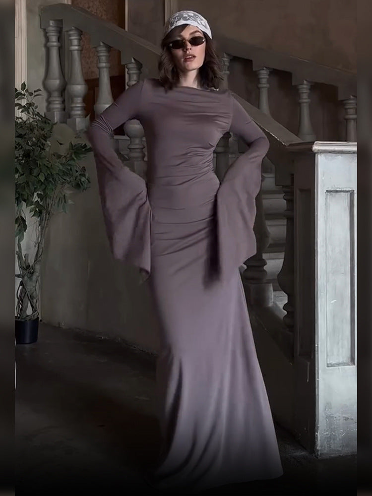 Damen elegantes Maxi-Kleid mit schwingenden Ärmeln und raffinierten Drapierungen R&B